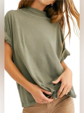 We The Free Fearless Mock Neck Top Washed Army Green Relaxed Tee Fits Oversized